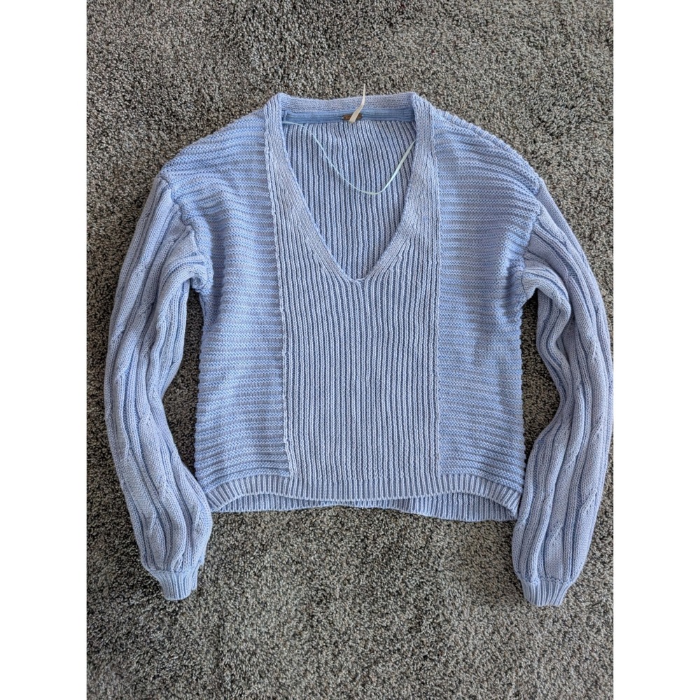 Free People Baby‎ Blues V Neck Cable Knit Sweater Light Blue Womens XS